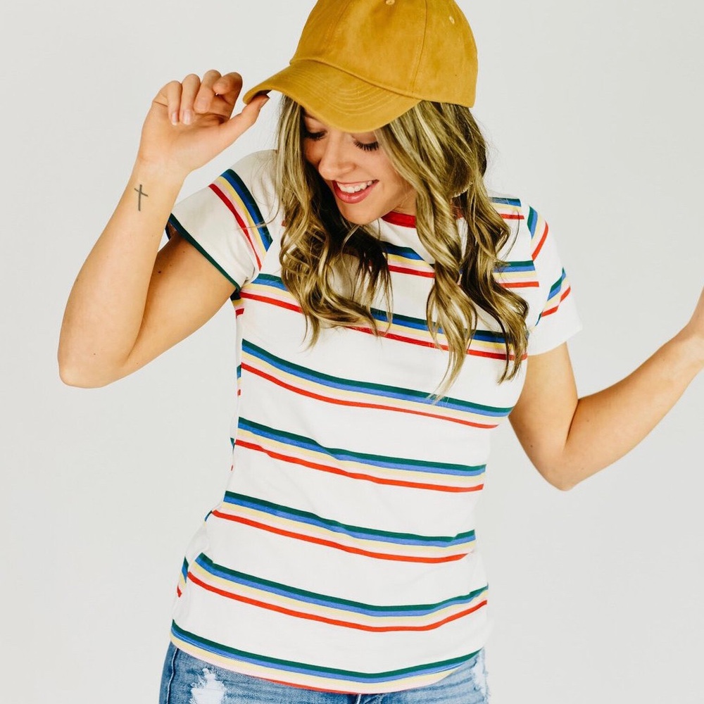Rainbow Striped Tee~ flamingo